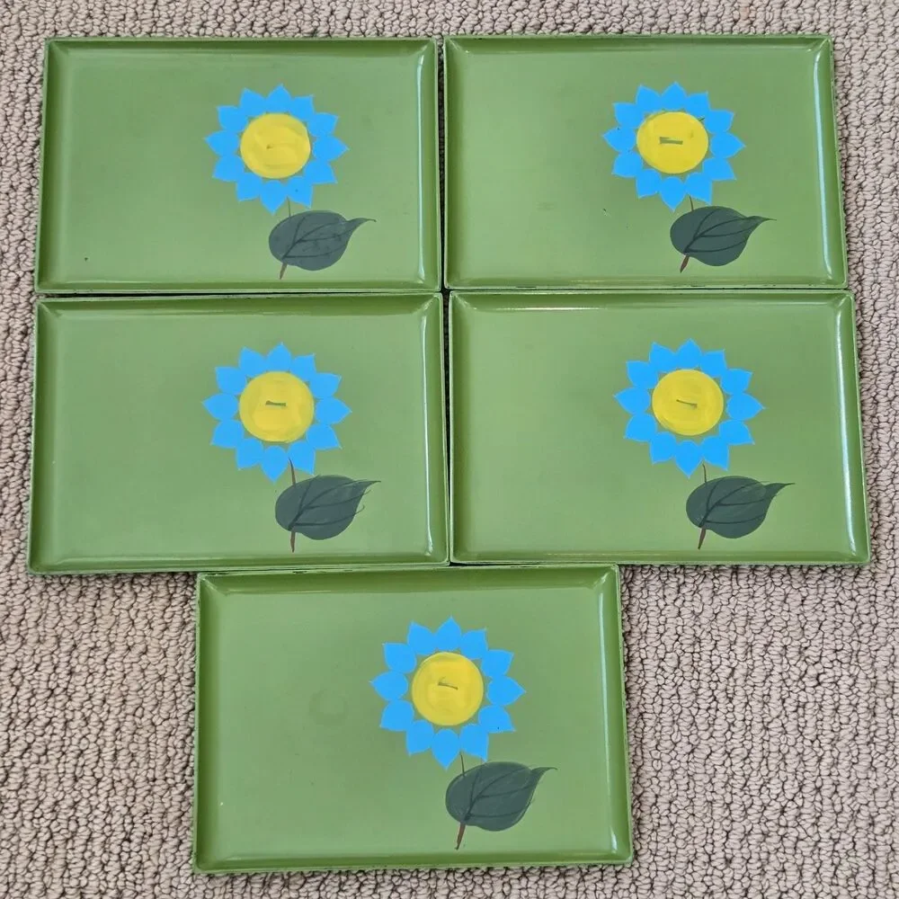 Set 5 Groovy Retro Avocado Green Trays Melamine Japan Mod Flower MCM Small 7.5x5